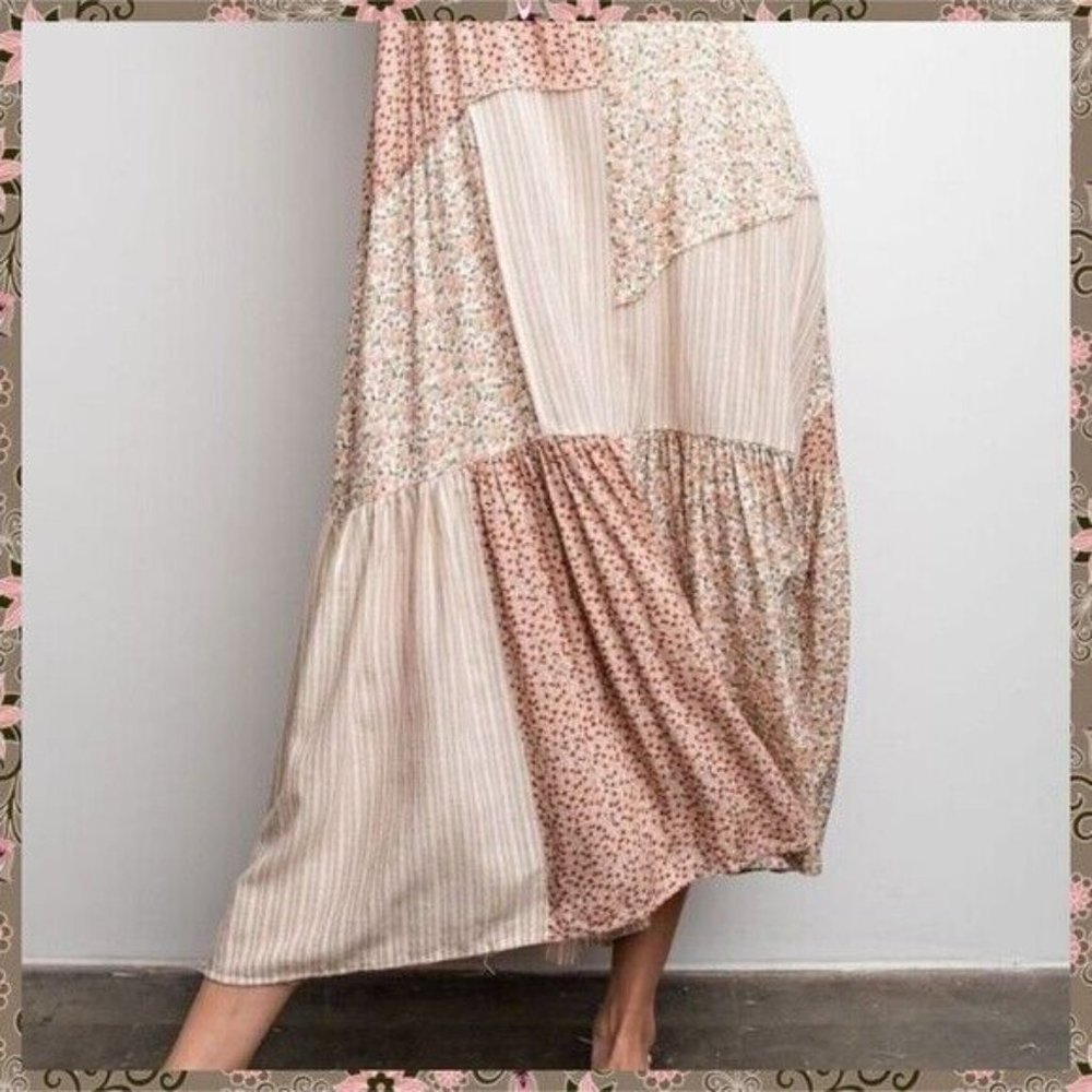 EASEL Mixed Print Adjustable Cross Straps Maxi Dress Lace Edges Relaxed & Flowy - Picture 4 of 15